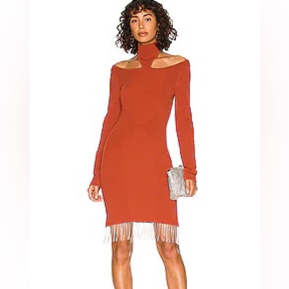 Nicholas Yolanda copper crystal fringe shoulder cutout mini dress Medium